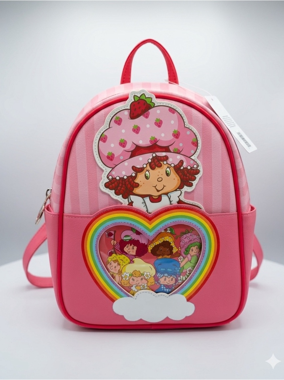 Pink Strawberry Character Kids Backpack with Rainbow Heart